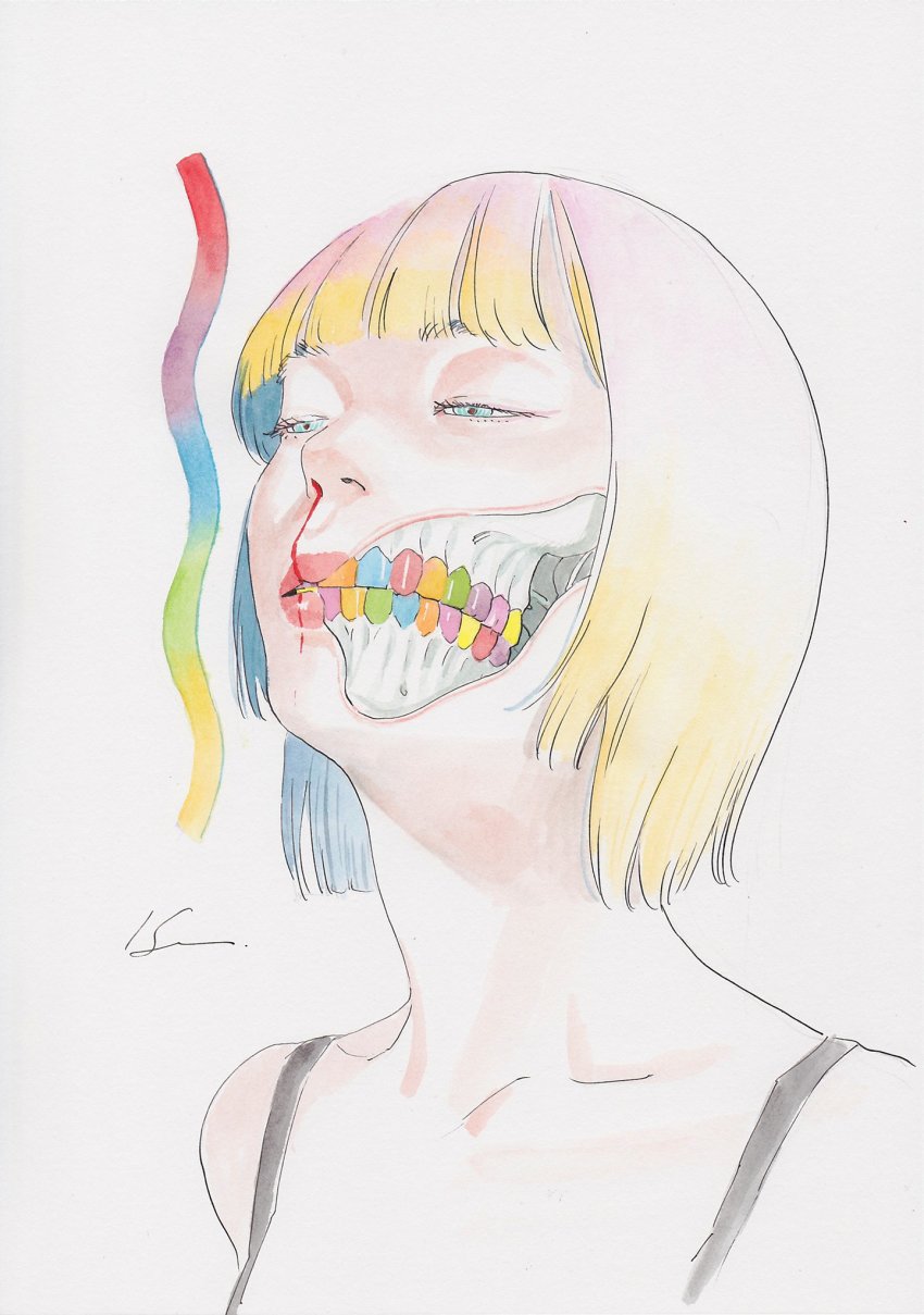 1girl blonde_hair blood blue_teeth collarbone colored_teeth gradient_hair green_teeth half-closed_eyes highres hole_in_face hole_in_head katou_souichirou multicolored_hair nosebleed orange_teeth original pink_hair portrait red_teeth short_hair signature simple_background solo white_background yellow_teeth