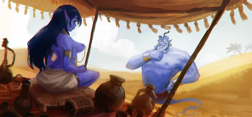 1boy 1girl aladdin_(movie) bad_id bad_pixiv_id breasts cloud day desert disney doyora genie genie_(aladdin) jewelry lots_of_jewelry magi_the_labyrinth_of_magic medium_breasts nipple_piercing nipples paimon_(magi) piercing sand sitting sky