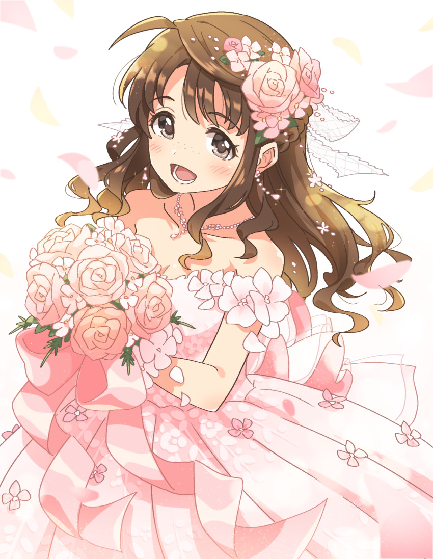 aopanda bouquet braid dress floral_print floral_print_dress flower flower_hairpin half_up_braid highres holding holding_bouquet idolmaster idolmaster_cinderella_girls okuyama_saori print_dress wedding_dress