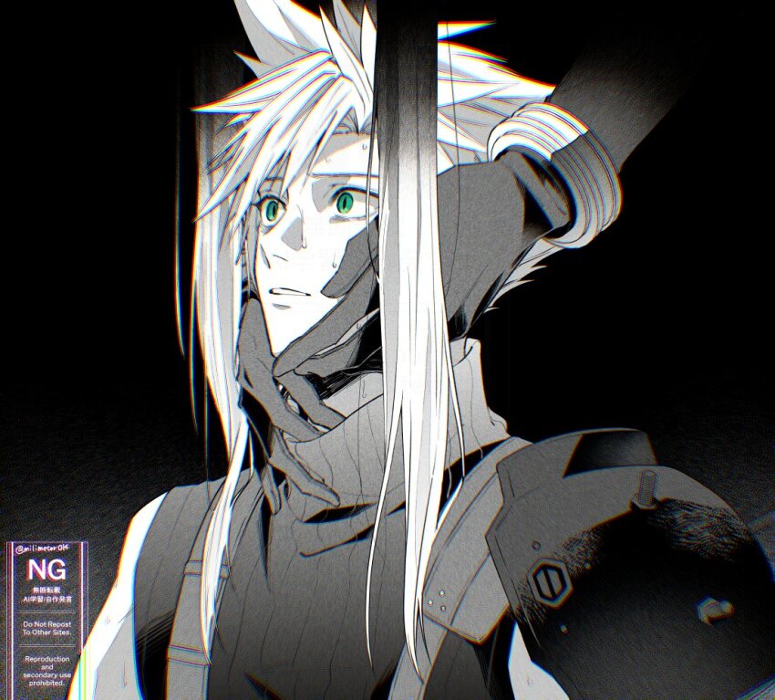 2boys armor black_gloves cloud_strife dark_persona final_fantasy final_fantasy_vii gloves green_eyes hands_on_another&#039;s_face long_hair male_focus multiple_boys parted_lips pauldrons possessed scared sephiroth short_hair shoulder_armor single_pauldron sleeveless sleeveless_turtleneck slit_pupils spiked_hair standing sweat turtleneck watermark wide-eyed yaoi yunyunonigiri
