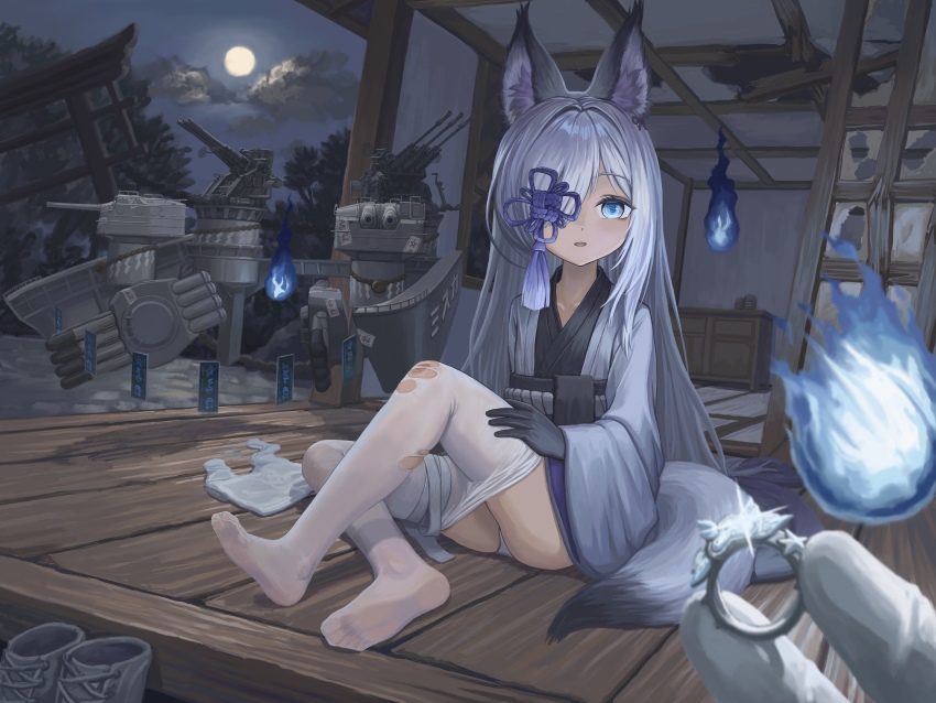 1134b-kata absurdres animal_ear_fluff animal_ears azur_lane black_gloves blue_eyes commander_(azur_lane) fox_ears fox_girl fox_tail gloves hair_over_one_eye highres holding holding_jewelry holding_ring jewelry kasumi_(azur_lane) kasumi_(meta)_(azur_lane) long_hair looking_at_viewer moon night night_sky panties pantyhose parted_lips pov rigging ring ship_turret sitting sky tail torn_clothes torn_pantyhose underwear very_long_hair wedding_ring white_hair white_panties white_pantyhose