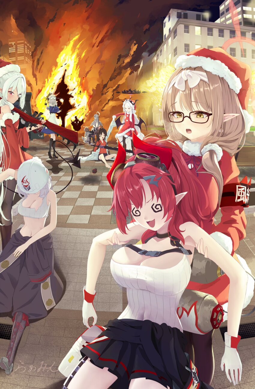 6+girls :d @_@ ahoge alternate_costume armband azusa_(blue_archive) black-framed_eyewear black_choker black_gloves black_halo black_skirt blue_archive bolt_action bow breasts breath brown_hair building chinatsu_(blue_archive) choker christmas christmas_tree cleavage clothes_around_waist commentary covered_navel cowboy_shot crop_top dark-skinned_female dark_skin demon_girl demon_horns demon_tail demon_wings dress fire fur-trimmed_dress fur_trim glasses gloves goggles goggles_on_head gun hair_bow hair_intakes hair_ornament hair_scrunchie halo hat hifumi_(blue_archive) highres hina_(blue_archive) holding holding_gun holding_weapon horns hot_springs_department_member_(blue_archive) iori_(blue_archive) kasumi_(blue_archive) la_la_la_rarmin large_breasts long_hair long_sleeves looking_at_another looking_down low_twintails low_wings machine_gun mauser_98 megu_(blue_archive) mg42 miniskirt multiple_girls night open_mouth outdoors peroro_(blue_archive) pink_halo pleated_skirt pointy_ears ponytail red_armband red_dress red_eyes red_hair red_hat red_wrist_cuffs rifle santa_costume santa_dress santa_hat scrunchie sena_(blue_archive) signature sitting skirt smile standing tail tile_floor tiles twintails v-shaped_eyebrows very_long_hair weapon white_bow white_hair wings wrist_cuffs yellow_eyes