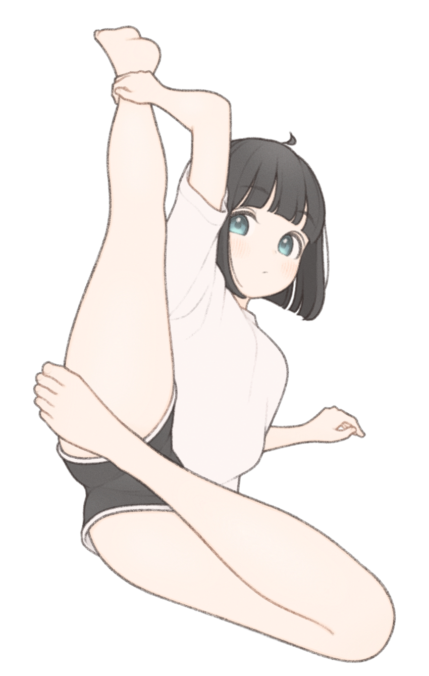 1girl 1ssakawaguchi absurdres ankle_grab arm_up barefoot black_shorts bob_cut brown_hair dolphin_shorts feet flexible grabbing_own_leg grey_eyes highres ichika_(1ssakawaguchi) kneepits leg_grab legs looking_at_viewer original shirt short_hair short_shorts short_sleeves shorts simple_background solo thighs toes white_background white_shirt