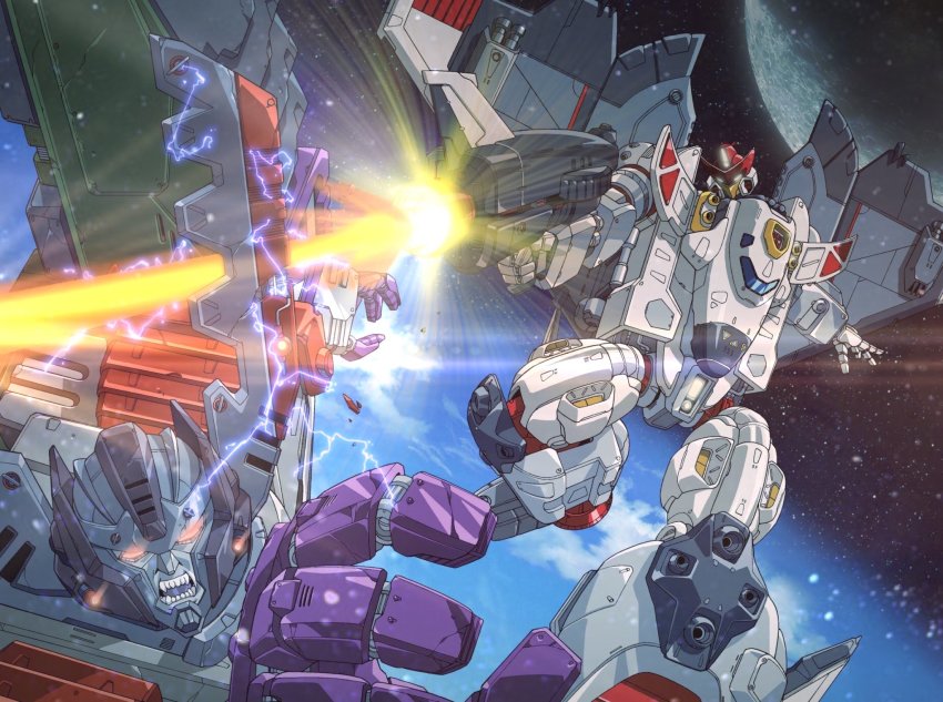 2boys autobot cloud decepticon firing glowing glowing_eyes gun highres holding holding_gun holding_weapon jetfire mecha megatron multiple_boys open_hand open_hands open_mouth orange_eyes planet robot science_fiction sharp_teeth space teeth transformers transformers_armada transformers_unicron_trilogy watanabe_yoshihiro weapon yellow_eyes