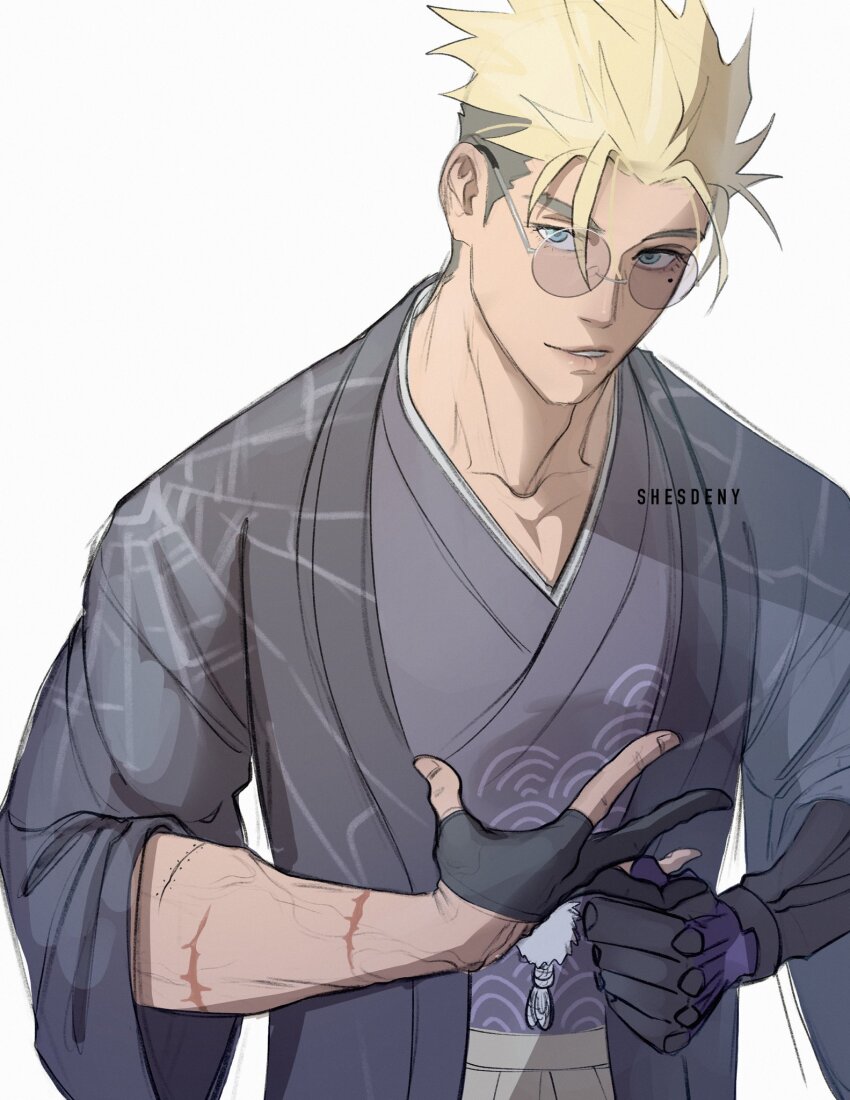 1boy black_gloves black_haori blonde_hair blue_eyes collarbone glasses gloves grey_hakama hakama haori haori_himo highres japanese_clothes kimono looking_at_viewer male_focus mole mole_under_eye multicolored_hair parted_lips partially_fingerless_gloves scar scar_on_arm seigaiha shesdeny simple_background solo spider_web_print trigun trigun_stampede twitter_username two-tone_hair upper_body vash_the_stampede veins veiny_arms white_background