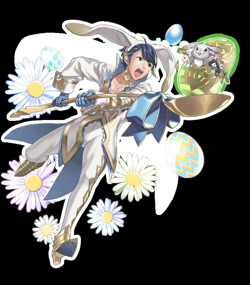 1boy alfonse_(fire_emblem) alfonse_(spring_prince)_(fire_emblem) animal_ears blue_eyes blue_gloves blue_hair collarbone cracked_egg cracked_shell daffodil daisy_(flower) easter easter_egg egg fake_animal_ears fire_emblem fire_emblem_heroes flower full_body gloves glowing hairband highres holding kozaki_yuusuke leg_up male_focus multicolored_hair nintendo official_alternate_costume pectorals rabbit rabbit_ears see-through_clothes solo spoon streaked_hair transparent_background