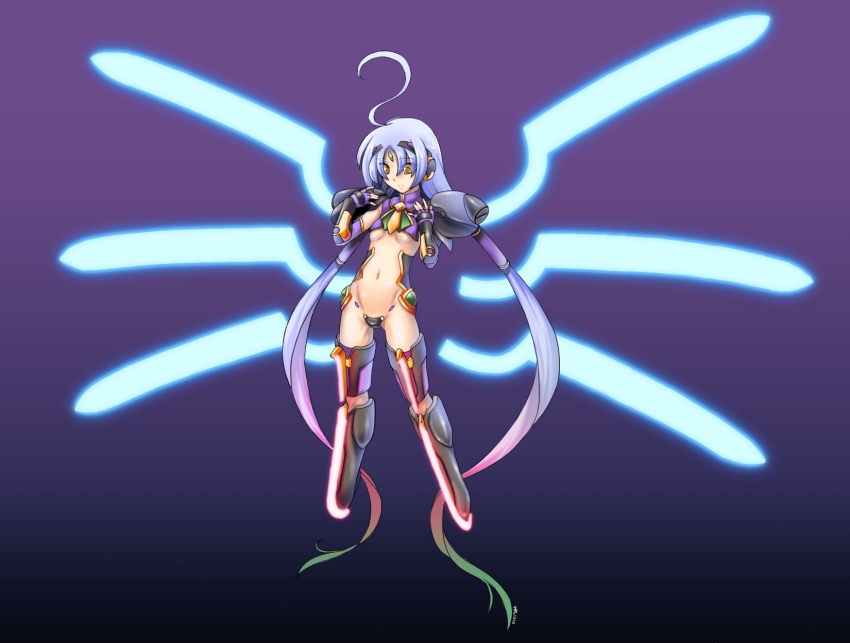 1girl ahoge alternate_eye_color alternate_hair_color arc_system_works armor blazblue cosplay crotch_plate elbow_gloves energy_wings female_focus forehead_jewel gloves hair_tubes highres huge_ahoge long_hair mecha_musume mu-12 mu-12_(cosplay) multicolored_hair navel necktie oomori_masaki oomori_matsumae pauldrons revealing_clothes shoulder_armor solo twintails two-tone_hair under_night_in-birth vatista_(under_night_in-birth) very_long_hair wings