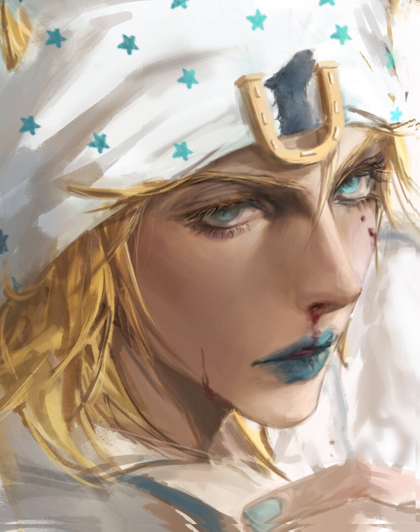 1boy absurdres beanie blonde_hair blood blood_on_face blue_eyes blue_lips blue_nails commentary_request eyelashes hat highres hood hood_down hoodie horse_print horseshoe_hat_ornament horseshoe_ornament johnny_joestar jojo_no_kimyou_na_bouken looking_at_viewer makeup male_focus medium_hair nosebleed parted_lips portrait rjwkd3 solo star_(symbol) star_print steel_ball_run white_hat white_hoodie