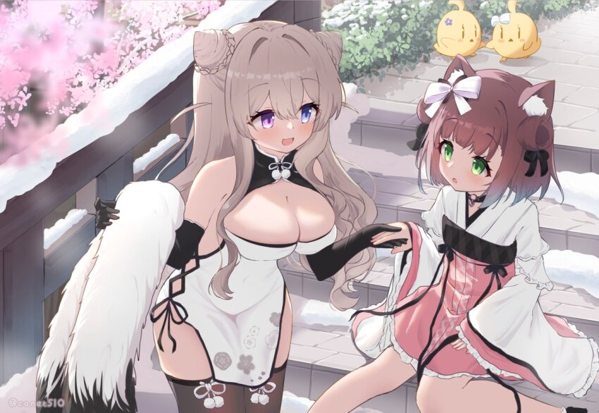 2girls animal_ear_fluff animal_ears architecture artist_name azur_lane bare_shoulders bird black_gloves black_ribbon blonde_hair blue_eyes blush bow branch breasts brown_hair brown_thighhighs bun_with_braided_base bush chick china_dress chinese_clothes choker cleavage cleavage_cutout clothing_cutout commentary_request cone_hair_bun conet510 dog_ears dog_girl double_bun dress east_asian_architecture elbow_gloves fake_tail floral_print flower frilled_kimono frills gloves green_eyes grey_dress hair_between_eyes hair_bow hair_bun hair_flower hair_ornament hair_ribbon heart heart_choker heart_collar heterochromia holding holding_hands japanese_clothes kimono large_breasts leaf long_hair long_sleeves manjuu_(azur_lane) medium_hair multiple_girls murmansk_(azur_lane) murmansk_(chamber_of_fragrance)_(azur_lane) official_alternate_costume official_alternate_hairstyle open_mouth outdoors pelvic_curtain pink_dress purple_eyes railing ribbon shiratsuyu_(azur_lane) shiratsuyu_(thawing_snow_fireworks_alight)_(azur_lane) sitting skindentation sleeveless sleeveless_dress snow stairs standing tail thighhighs thighs tree twitter_username white_tail wide_sleeves winter