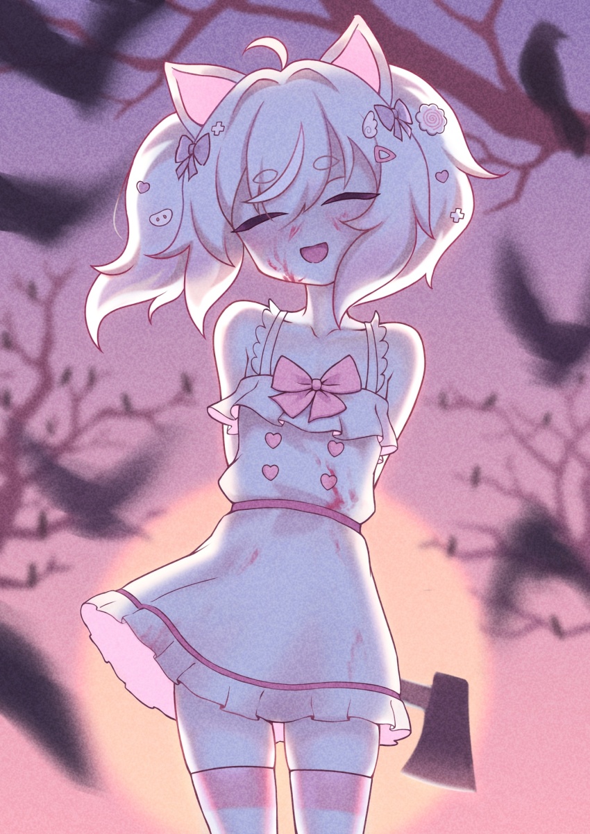 akane_iwawwa animal_ears axe blood blood_on_face hair_ornament hairpin highres holding holding_axe non-web_source original pig_ears pig_girl pink_eyes pink_hair skirt socks twintails virtual_youtuber