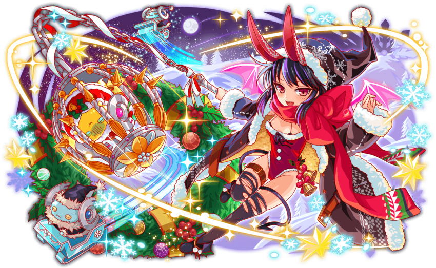 1girl 2others alternate_color alternate_costume animal_ears ankle_boots artist_request bell belt belt_buckle belted_coat black_bra black_coat black_footwear black_hair black_hat black_sleeves black_thighhighs boots bow bra brown_belt buckle buttons cage cel_shading chain christmas christmas_ornaments christmas_tree closed_eyes closed_mouth coat coat_bow collar collared_coat crash_fever demon_tail fake_animal_ears freud_(crash_fever) full_body full_moon fur-trimmed_coat fur-trimmed_headwear fur_trim game_cg gold_buckle green_bow hat holding holding_chain horns knot leaf leg_belt leotard long_sidelocks mechanical_horns mistletoe moon mountain multicolored_hair multiple_others number_print numbered official_alternate_color official_alternate_costume official_art open_clothes open_coat open_mouth outdoors outline pink_eyes pink_wings pom_pom_(clothes) print_coat print_headwear print_scarf puffy-trimmed_coat puffy-trimmed_hat puffy-trimmed_leotard puffy_collar puffy_sleeve_cuffs purple_hair purple_sky rabbit_ears red_bow red_leotard red_outline red_scarf santa_hat scarf short_hair sidelocks sky sleeve_cuffs sleigh snow snowflake_print snowflakes solo_focus sparkle square square_print star_(sky) star_ornament streaked_hair tachi-e tail teeth thighhighs third-party_source torn_clothes torn_thighhighs transparent_background tree two-sided_coat two-sided_fabric underwear upper_teeth_only white_collar white_sleeve_cuffs wings