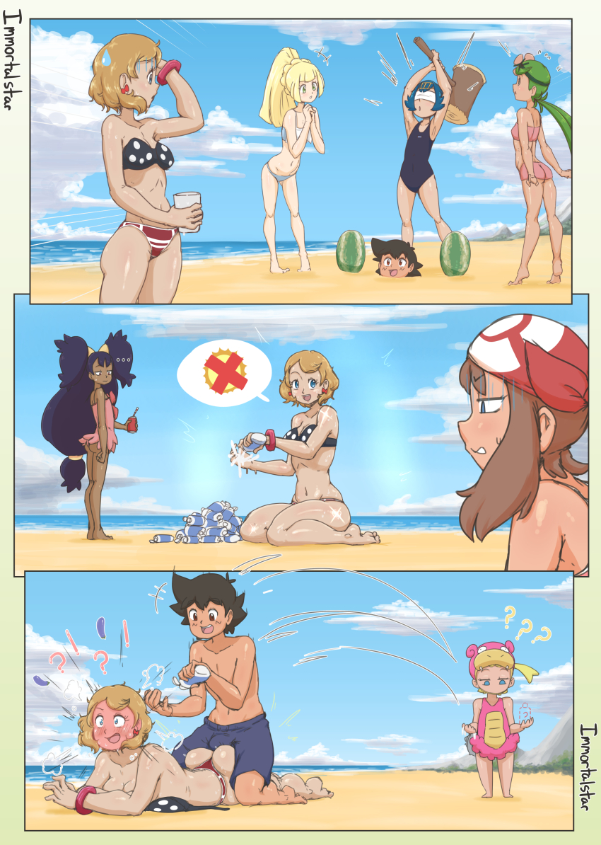 1boy 6+girls ahegao anus ash_ketchum ass beach bikini blue_eyes blush bonnie_(pokemon) breasts brown_hair bulge closed_eyes clothed_sex clothes cosplay creatures_(company) english_text erection erection_under_clothes full-face_blush game_freak gen_1_pokemon huge_penis immortalstar iris_(pokemon) lana_(pokemon) lillie_(pokemon) mallow_(pokemon) may_(pokemon) medium_hair multiple_girls nintendo on_person open_mouth penis pink_background pokemon pokemon_(anime) pokemon_bw_(anime) pokemon_journeys pokemon_rse_(anime) pokemon_sm_(anime) serena_(pokemon) sitting sitting_on_person slowpoke slowpoke_(cosplay) speech_bubble surprised swimsuit