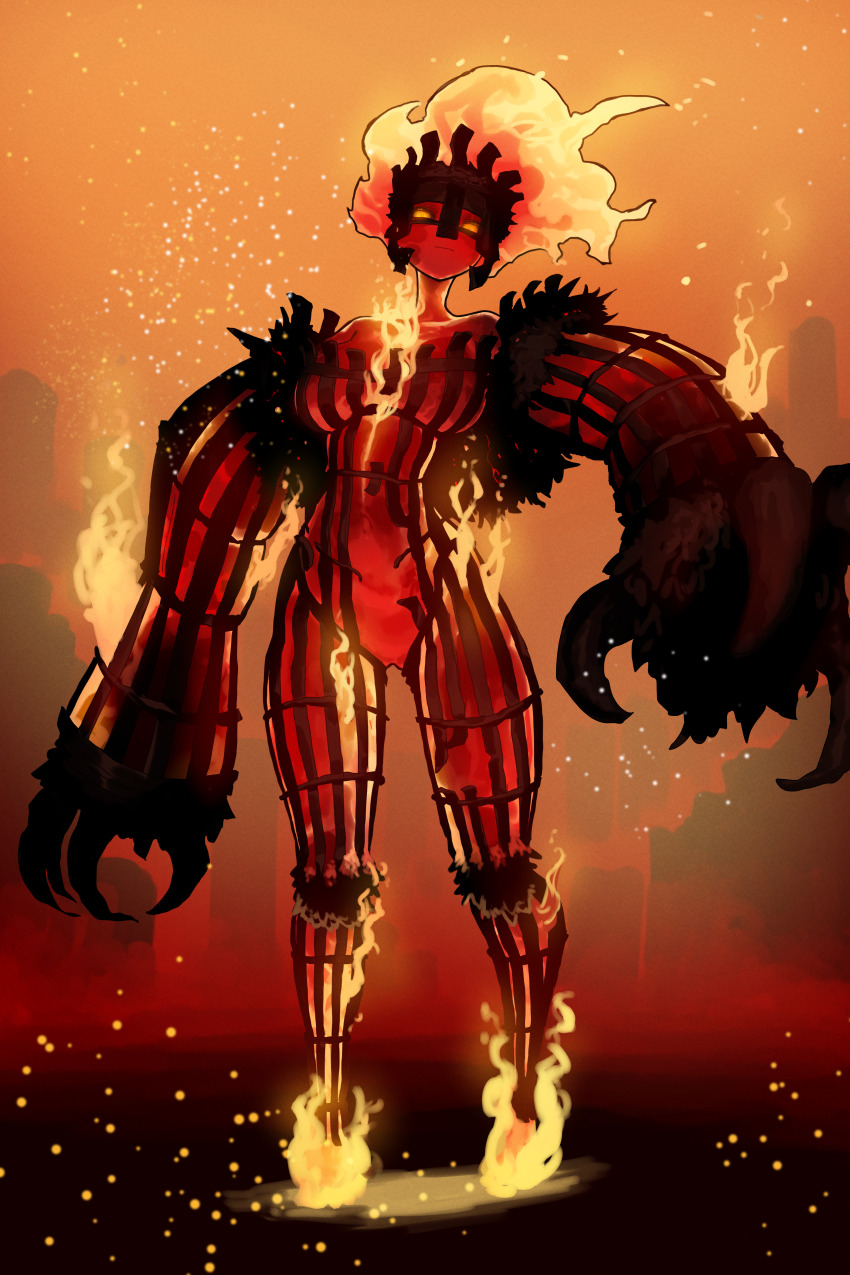 1girl absurdres breasts burning character_request claws colored_skin commission ekrea_jan elden_ring embers fiery_hair full_body highres large_breasts looking_at_viewer monster_girl orange_background orange_eyes orange_hair outdoors oversized_forearms oversized_limbs red_skin skeb_commission solo standing