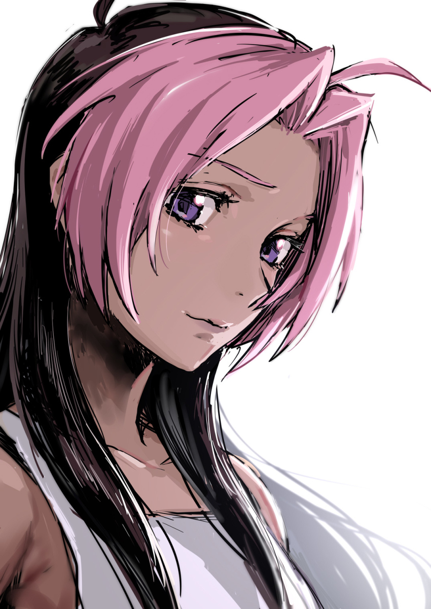 1girl ahoge bad_id bad_pixiv_id closed_mouth fullmetal_alchemist highres ikuchan_kaoru looking_at_viewer multicolored_hair pink_hair purple_eyes rose_tomas shirt simple_background sketch smile solo two-tone_hair upper_body white_background white_shirt
