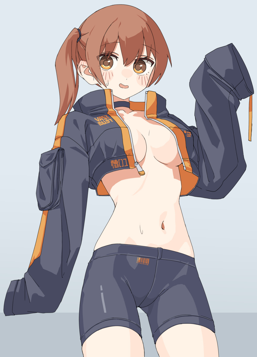 1girl absurdres bike_shorts black_choker black_jacket black_shorts blush breasts brown_hair choker commentary_request grey_background highres jacket kopaka_(karda_nui) long_sleeves looking_at_viewer medium_breasts navel open_clothes open_jacket original short_hair shorts side_ponytail simple_background sleeves_past_fingers sleeves_past_wrists solo stomach sweat thighs yellow_eyes