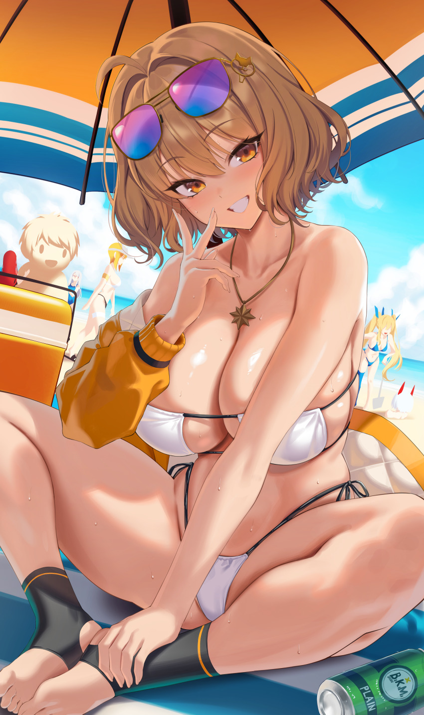 5girls absurdres ahoge anis_(nikke) anis_(sparkling_summer)_(nikke) bikini blush breasts brown_eyes brown_hair can character_request cleavage commentary drake_(nikke) english_commentary goddess_of_victory:_nikke hair_ornament hand_up highres jacket jewelry kook laplace_(nikke) large_breasts looking_at_viewer maxwell_(nikke) medium_breasts multiple_girls necklace neon_(nikke) official_alternate_costume outdoors short_hair side-tie_bikini_bottom sitting smile solo_focus sunglasses swimsuit thighs white_bikini yellow_jacket
