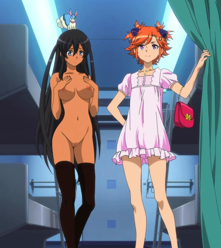 10s 2girls animal animal_on_head anime_screenshot bag bed black_legwear blue_eyes breasts bunk_bed captain_earth ceiling_light cleft_of_venus clothed_female_nude_female dress feet_out_of_frame flat_chest handbag highres indoors medium_breasts multiple_girls mutou_hana nipples nude nude_filter on_head orange_hair pussy short_hair thighhighs third-party_edit two_side_up uncensored yomatsuri_akari
