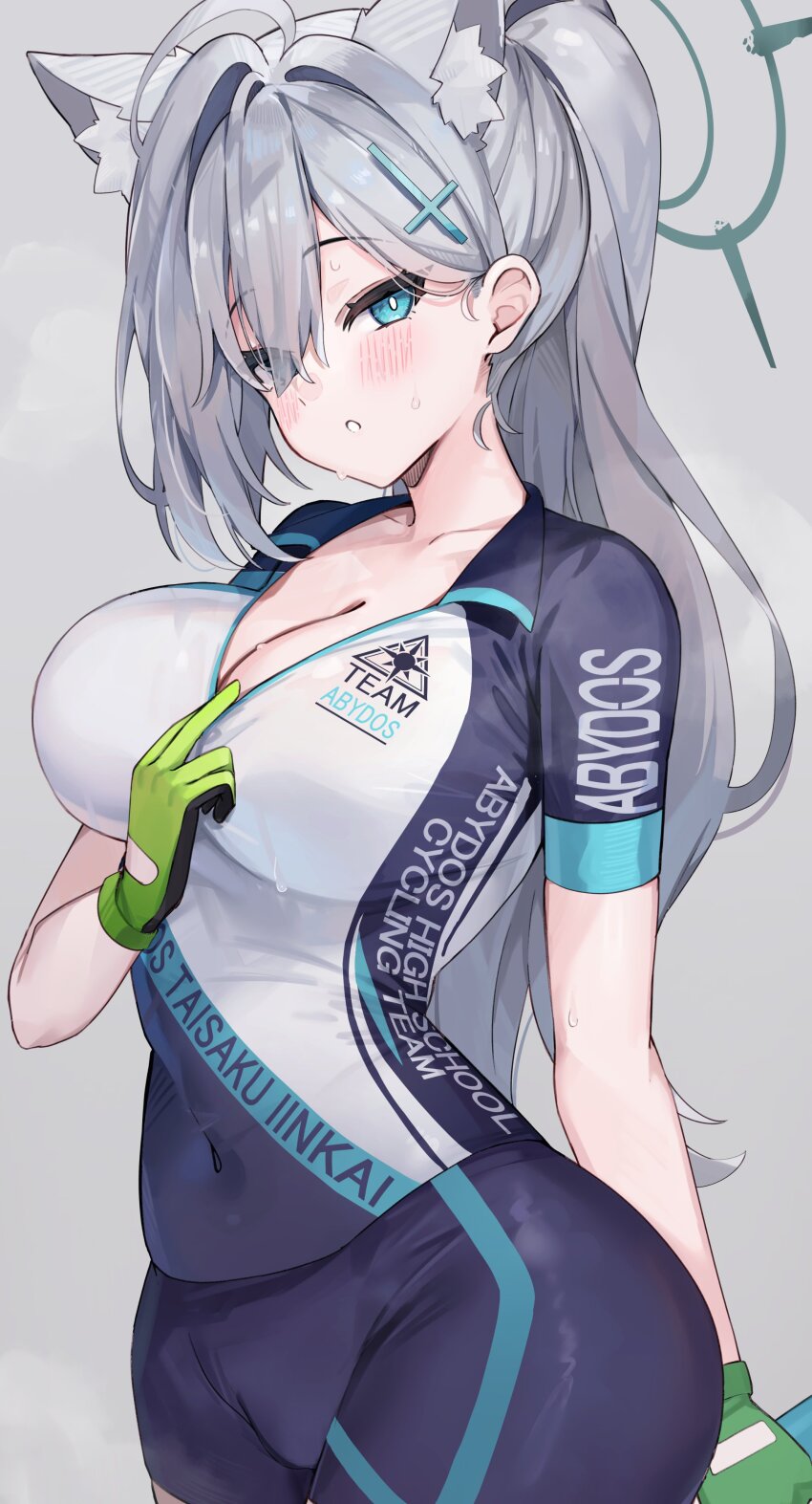 1girl absurdres animal_ears bike_jersey bike_shorts blue_archive blue_eyes blush breasts cleavage cross_hair_ornament cycling_uniform extra_ears gloves green_gloves grey_hair hair_ornament halo highres kuroshiro_kanae large_breasts long_hair looking_at_viewer shiroko_(blue_archive) shiroko_(cycling)_(blue_archive) shiroko_terror_(blue_archive) simple_background solo