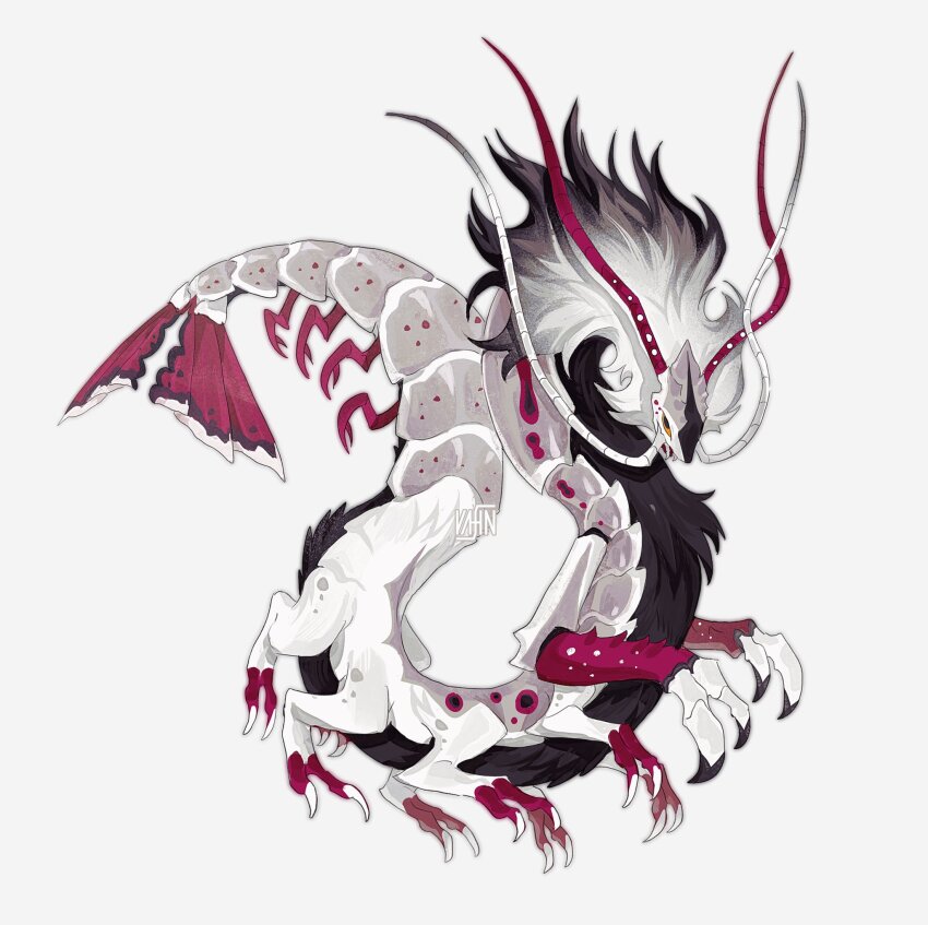 antennae arthropod_limbs artist_name bairizuomeng black_eyes black_fur colored_sclera full_body highres long_neck mane monster monster_focus no_humans original shrimp_tail simple_background solo spots white_background yellow_sclera