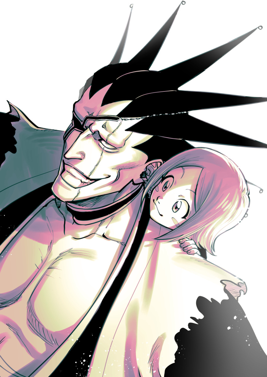 1boy 1girl asymmetrical_hair black_hair black_kimono bleach blush_stickers child eyepatch highres japanese_clothes kimono konoyasoul kusajishi_yachiru large_pectorals light_particles looking_at_another mature_male muscular muscular_male pectorals pink_hair scar scar_across_eye scar_on_face shihakusho short_hair simple_background smile spiked_hair teeth translated white_background zaraki_kenpachi