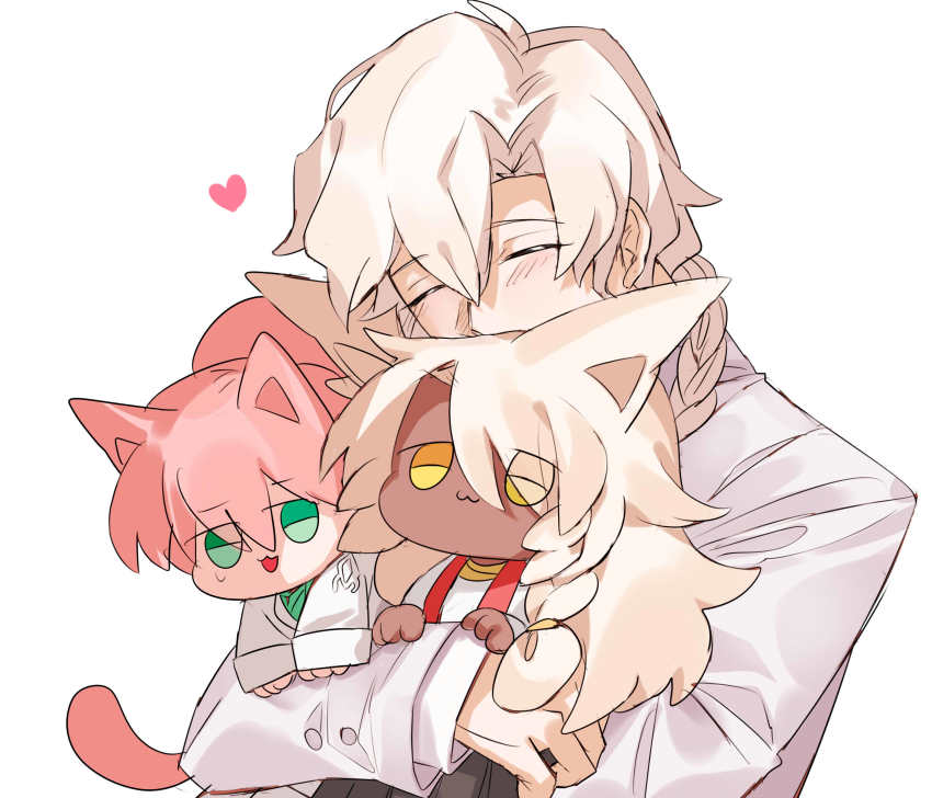 3boys :3 animal_ears braid cat_ears cat_tail chibi dark-skinned_male dark_skin closed_eyes fate/grand_order fate_(series) green_eyes hair_over_one_eye hair_over_shoulder han12sara heart highres hug long_sleeves male_focus marisbury_animusphere multiple_boys ponytail romani_archaman simple_background single_braid solo_focus solomon_(fate) sweat tail upper_body white_background white_hair yellow_eyes