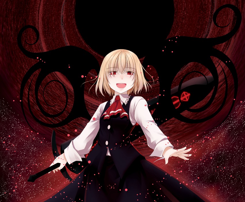 1girl blonde_hair crote darkness embodiment_of_scarlet_devil ex-rumia female_focus highres huge_weapon rumia smile solo sword touhou weapon wings