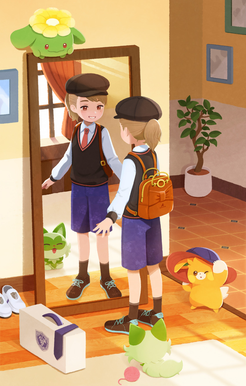 1girl alternate_hairstyle backpack bag blonde_hair brown_bag brown_eyes collared_shirt commentary_request gen_2_pokemon grin hat highres indoors juliana_(pokemon) ma-hain-scarlet mirror necktie nintendo orange_necktie pawmi plant pokemon pokemon_(creature) pokemon_sv ponytail potted_plant purple_shorts reflection shirt shoes shorts skiploom smile socks sprigatito standing sweater_vest teeth white_shirt yarn yarn_ball