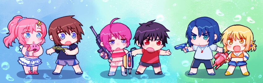 3boys 3girls ahoge amulet athrun_zala black_hair blonde_hair blue_eyes blue_hair brown_hair bubble cagalli_yula_athha chibi commentary_request green_eyes gundam gundam_seed gundam_seed_freedom hair_ornament haro highres holding holding_water_gun jewelry kimi88407604 kira_yamato lacus_clyne lunamaria_hawke multiple_boys multiple_girls necklace pink_hair ponytail purple_eyes red_eyes red_hair sandals shinn_asuka summer swimsuit water_gun yellow_eyes