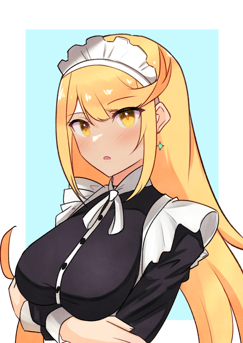 1girl absurdres blonde_hair breasts earrings highres jewelry large_breasts long_hair maid maid_headdress mythra_(xenoblade) reason3_s solo swept_bangs very_long_hair xenoblade_chronicles_(series) xenoblade_chronicles_2 yellow_eyes