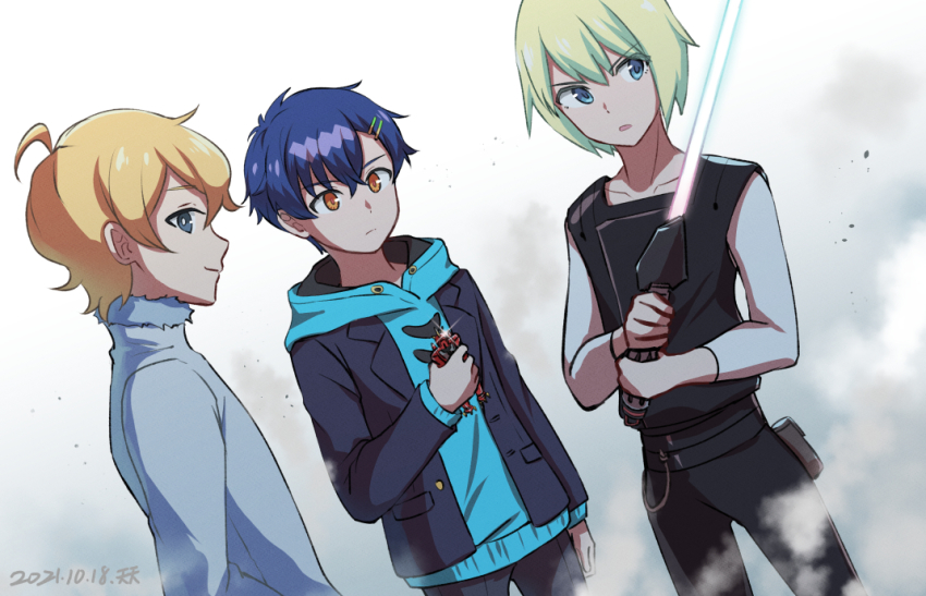 3boys alpha_omega_nova asanaka_yomogi black_pants black_vest blonde_hair blue_hoodie blue_jacket bright_pupils chinese_commentary company_connection crossover dyna_soldier energy_sword grey_hoodie gridman_universe hair_ornament hairclip holding holding_sword holding_toy holding_weapon hood hoodie jacket karre_(star_wars) lightsaber looking_ahead male_focus multiple_boys open_mouth pants smile ssss.dynazenon star_wars star_wars:_visions sword tenten_(kitty) toy trigger_(company) uchuu_patrol_luluco vest weapon white_pupils