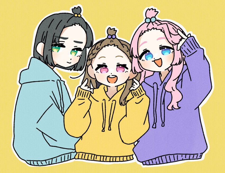 3girls :3 :d alternate_hairstyle anyoji_hime bangs_pinned_back black_bow black_hair blue_eyes blue_hoodie blunt_ends bob_cut bow braid brown_hair closed_mouth commentary_request cropped_torso green_eyes hair_bow highres hood hoodie index_finger_raised kachimachi_kosuzu light_blush link!_like!_love_live! long_hair long_sleeves looking_at_viewer love_live! momose_ginko multiple_girls open_mouth outline pink_eyes pink_hair puripuri_hurai purple_hoodie short_hair side_ahoge side_braids sidelocks sleeves_past_wrists smile straight_hair swept_bangs teeth upper_teeth_only virtual_youtuber white_outline yellow_background yellow_hoodie