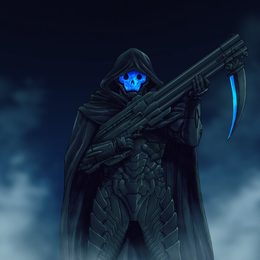 absurdres adapted_costume adi_(adivider) alternate_costume armor assault_visor bayonet black_armor black_cloak blade cloak commission commissioner_upload cosplay crossover cyberpunk day_of_wrath_(infinitypilot) death_(entity) doom_(2016) doom_(series) energy_blade energy_weapon fog full_armor glowing glowing_weapon grim_reaper grim_reaper_(cosplay) gun helmet highres holding holding_gun holding_scythe holding_weapon hologram hood hood_up hooded_cloak looking_at_viewer mask military original rifle science_fiction scythe skull skull_mask skullhacker_(day_of_wrath) smoke soldier solo solo_focus steam visor_(armor) weapon