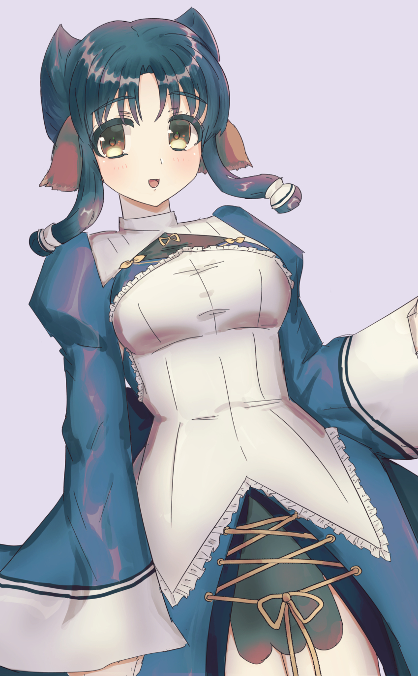 1girl animal_ears aquaplus arm_up atuy blue_hair blush breasts cowboy_shot dress frilled_dress frills gradient_eyes highres imawanaki long_sleeves looking_at_viewer medium_breasts multicolored_eyes open_mouth parted_bangs puffy_sleeves raised_eyebrows short_hair_with_long_locks sidelocks solo taut_clothes thighs utawarerumono utawarerumono:_itsuwari_no_kamen utawarerumono:_lost_flag wide_sleeves yellow_eyes