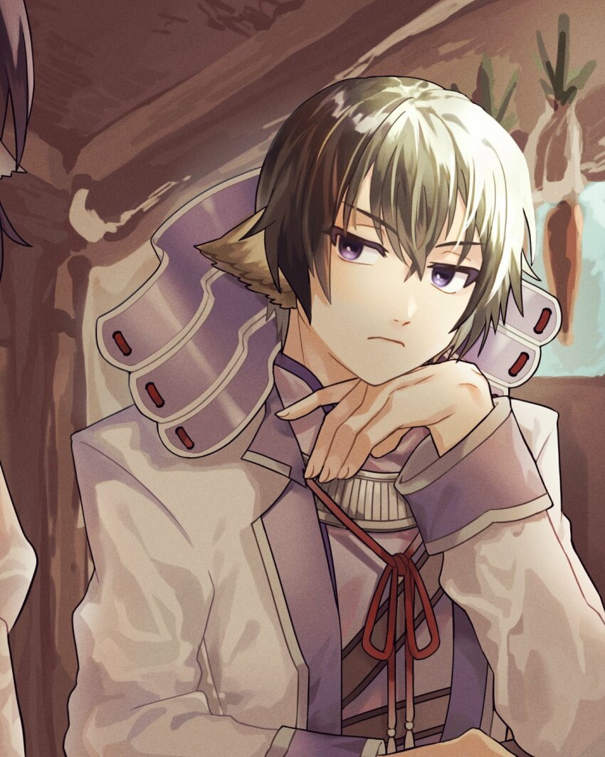 2boys ainu_clothes animal_ears aquaplus arm_up black_hair bright_pupils brown_hair coat eingado fingernails gen_2_pokemon hair_between_eyes head_rest head_tilt height_difference highres legendary_pokemon long_sleeves looking_at_another medium_hair multiple_boys purple_eyes raikou shichirya short_hair sitting solo utawarerumono utawarerumono:_itsuwari_no_kamen white_pupils
