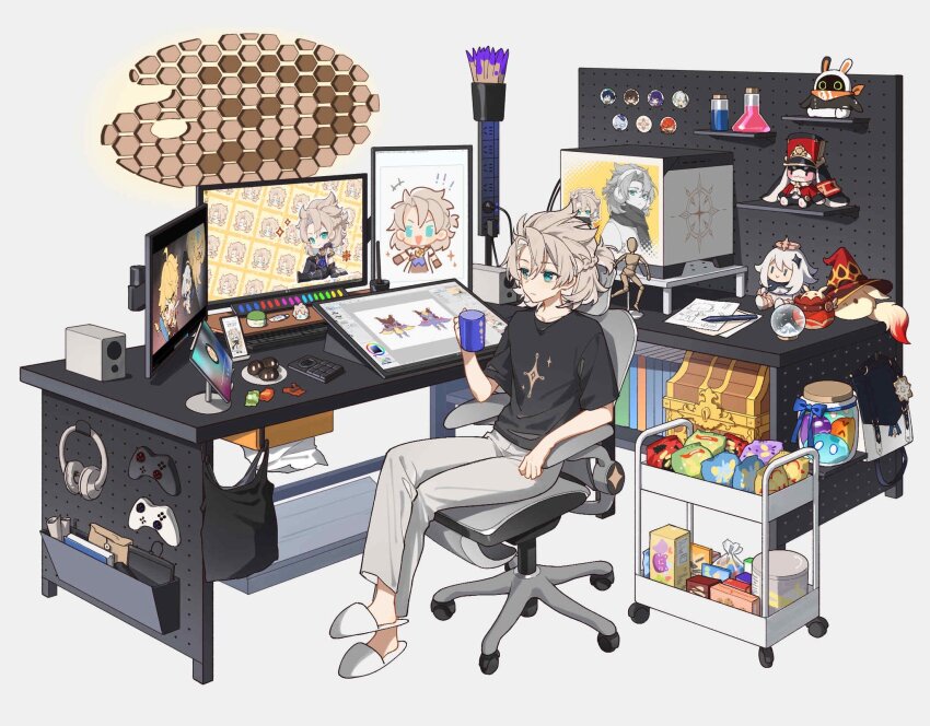 1boy aether_(genshin_impact) albedo_(genshin_impact) bag bangboo_(zenless_zone_zero) black_shirt blue_eyes bottle character_doll computer controller crossed_legs cup dodoco_(genshin_impact) doll electrical_outlet eous_(zenless_zone_zero) food furina_(genshin_impact) game_controller genshin_impact grey_hair grey_pants headphones hei_lang highres holding holding_cup honkai:_star_rail honkai_(series) lumine_(genshin_impact) male_focus mavuika_(genshin_impact) mihoyo mini_durin_(genshin_impact) monitor nahida_(genshin_impact) paimon_(genshin_impact) pants plate pom-pom_(honkai:_star_rail) raiden_shogun shirt shoes short_sleeves simple_background sitting slime_(genshin_impact) slippers stuffed_toy tablet_pc treasure_chest venti_(genshin_impact) white_shoes zenless_zone_zero zhongli_(genshin_impact)