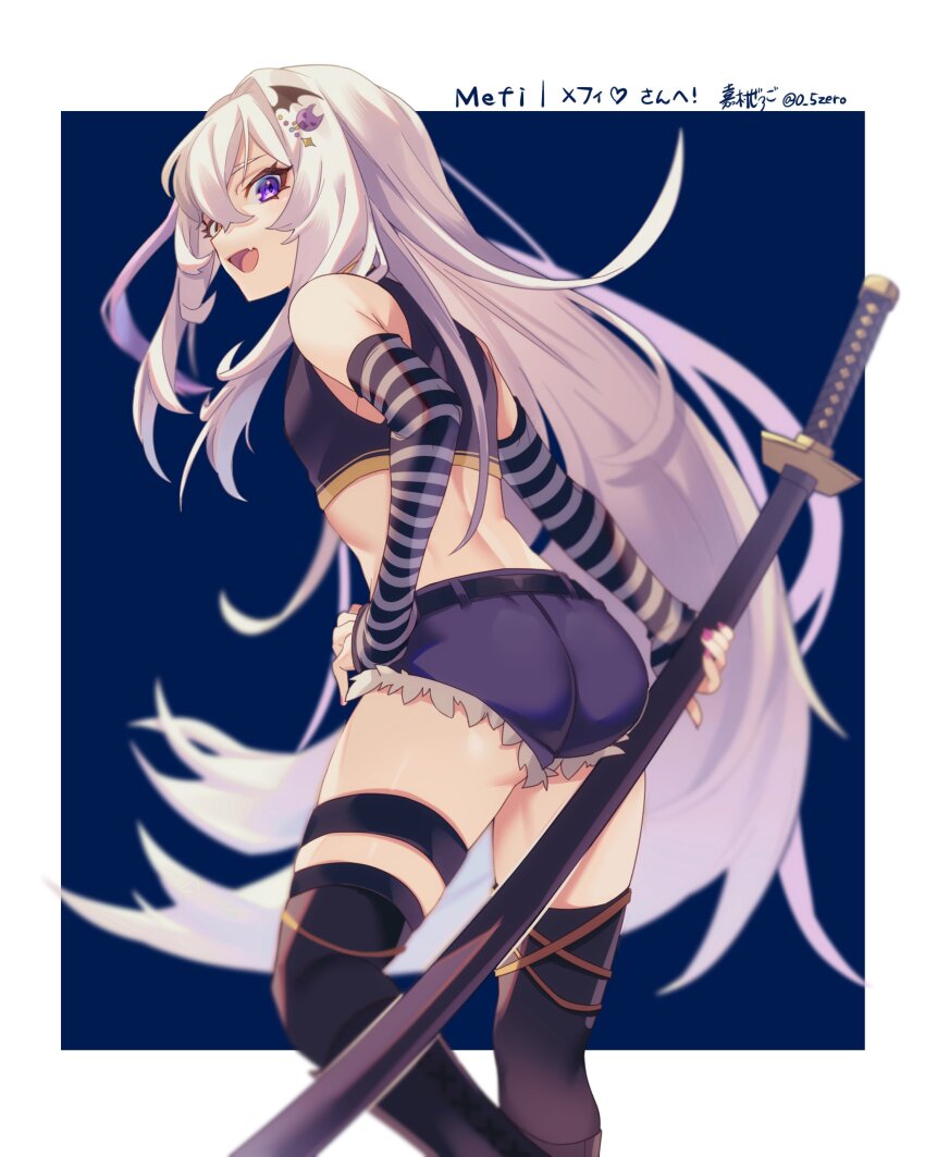 1boy absurdres black_thighhighs blue_shorts commentary commission crop_top cropped_legs detached_sleeves english_commentary fang hand_on_own_hip heterochromia highres holding holding_sword holding_weapon indie_virtual_youtuber katana long_hair long_sleeves looking_at_viewer looking_back mefelis_hex multicolored_hair open_mouth purple_eyes purple_hair second-party_source sheath sheathed short_shorts shorts skeb_commission skin_fang smile solo standing sword thigh_strap thighhighs trap very_long_hair virtual_youtuber weapon white_hair yellow_eyes zero-go