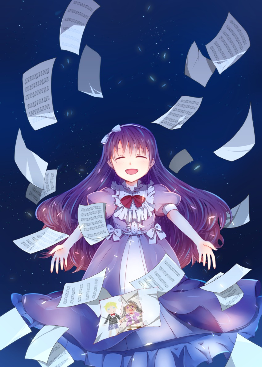 1girl :d ^_^ beamed_quavers chloe_ardenne chloe_no_requiem drawing dress closed_eyes highres long_hair musical_note open_mouth paper papers purple_hair quaver sayaka0409 sheet_music smile
