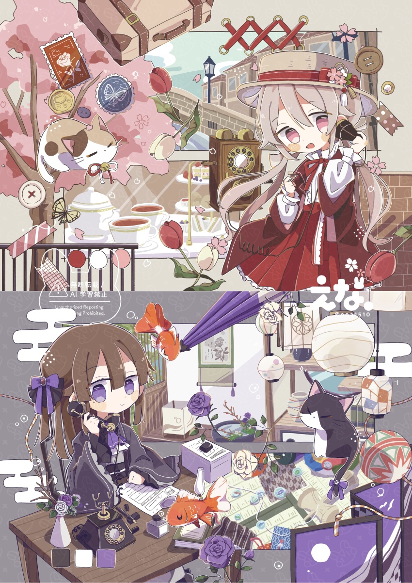2girls :d absurdres antique_phone ascot black_coat blush_stickers book brown_hair brown_hat calling cat cherry_blossoms closed_mouth coat commentary cup ena_1510 fish flower hair_between_eyes hair_ribbon hat hat_ribbon highres holding holding_phone indoors lamp long_sleeves medium_hair mug multiple_girls neck_ribbon open_mouth original outdoors paper phone pink_eyes pleated_skirt purple_ascot purple_eyes purple_ribbon red_ribbon red_skirt ribbon rotary_phone saucer shirt sitting skirt smile symbol-only_commentary table teapot tree tulip watermark white_shirt