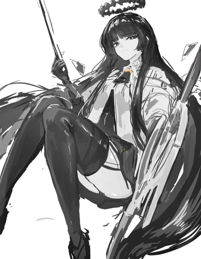 1girl absurdres arknights black_eyes black_gloves black_hair black_halo black_shoes black_skirt black_thighhighs black_wings blunt_bangs cello gloves halo highres hime_cut holding holding_instrument instrument looking_at_viewer sakikov shoes simple_background skirt thighhighs thighs virtuosa_(arknights) white_background wings
