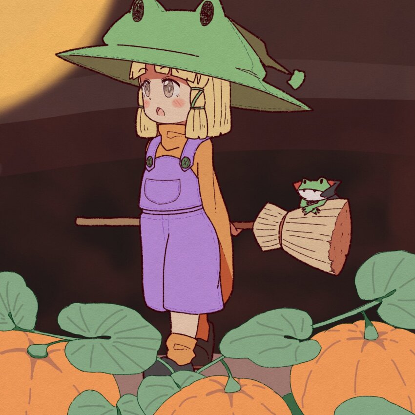 1girl adapted_costume black_shoes blush broom commentary_request frog frog_hat full_body green_hat hakugomaabura_(kourin1219) hat highres holding holding_broom moriya_suwako open_mouth orange_shirt orange_socks overalls pumpkin purple_overalls shirt shoes socks solo touhou turtleneck witch_hat