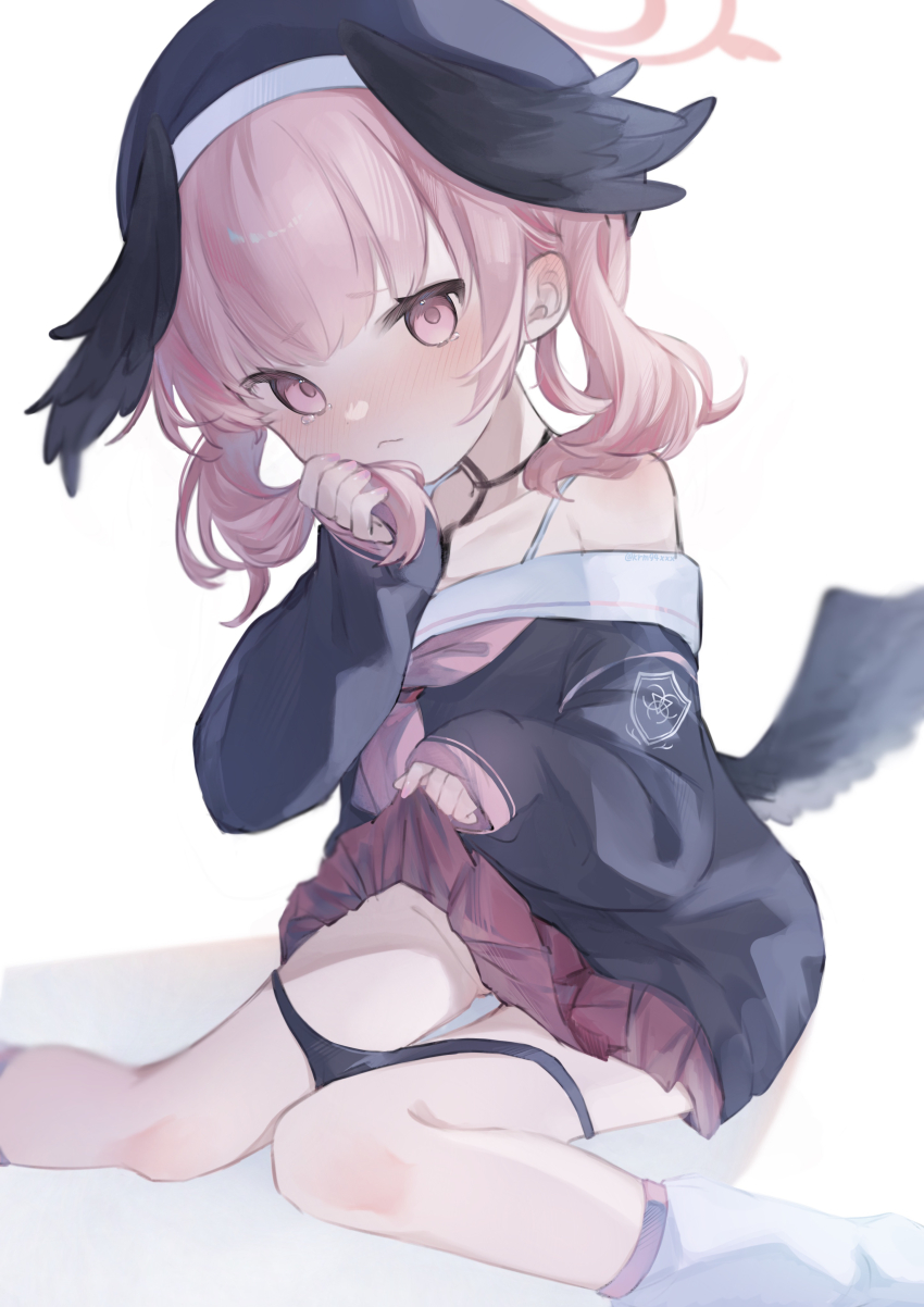 1girl :&lt; absurdres beret black_hat black_panties black_shirt black_wings blue_archive blush bra bra_strap closed_mouth clothes_lift crying crying_with_eyes_open dot_nose ear_blush feathered_wings feet_out_of_frame fingernails hair_behind_ear hair_between_eyes hair_over_shoulder halo hands_up hat head_wings highres holding holding_own_hair koharu_(blue_archive) kuromu_(96-94) lifting_own_clothes loli long_sleeves looking_at_viewer loose_socks low_wings nail_polish neckerchief necktie off_shoulder panties panties_around_leg panty_pull pink_eyes pink_hair pink_halo pink_nails pink_neckerchief pink_necktie pink_skirt pleated_skirt red_skirt sailor_collar school_uniform shirt simple_background sitting skirt skirt_lift sleeves_past_wrists socks solo tears thighs trinity_general_school_logo twintails underwear v-shaped_eyebrows wariza white_background white_bra white_sailor_collar white_socks winged_halo wings