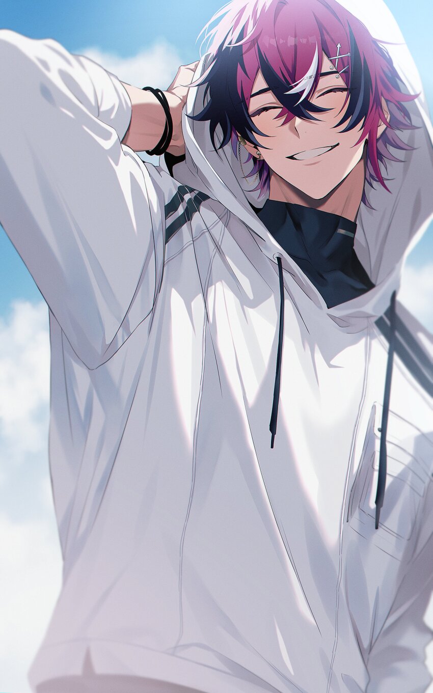 1boy absurdres alternate_costume arm_behind_head arm_up black_hair black_shirt bracelet closed_eyes cloud commentary compression_shirt crossed_bangs doppio_dropscythe drawstring ear_chain ear_piercing earrings eyebrow_piercing grin hair_between_eyes hashtag-only_commentary highres hood hood_up hoodie jewelry male_focus multicolored_hair nijisanji nijisanji_en owo_renren piercing purple_hair shirt sky smile solo streaked_hair teeth upper_body virtual_youtuber white_hair white_hoodie