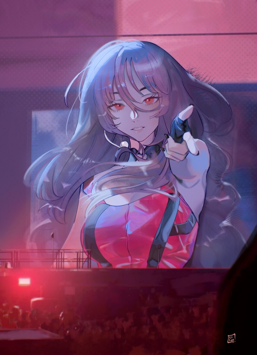 1girl aespa black_gloves black_nails cosplay eyelashes fingerless_gloves gloves highres hololive hololive_english karina_(aespa) karina_(aespa)_(cosplay) long_hair looking_at_viewer mori_calliope ninochuu photo-referenced pink_hair pink_shirt pointing pointing_at_viewer red_eyes shirt virtual_youtuber