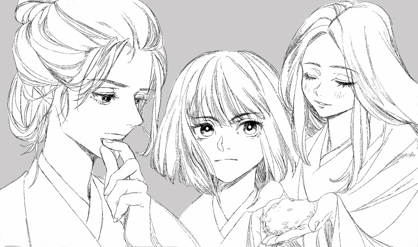 3girls closed_eyes divine_child_of_rejuvenation emma_the_gentle_blade expressionless eyelashes grey_background greyscale highres holding japanese_clothes kimono kuro_the_divine_heir light_smile long_hair medium_hair monochrome multiple_girls piyomotsu sekiro:_shadows_die_twice short_hair simple_background teeth upper_body