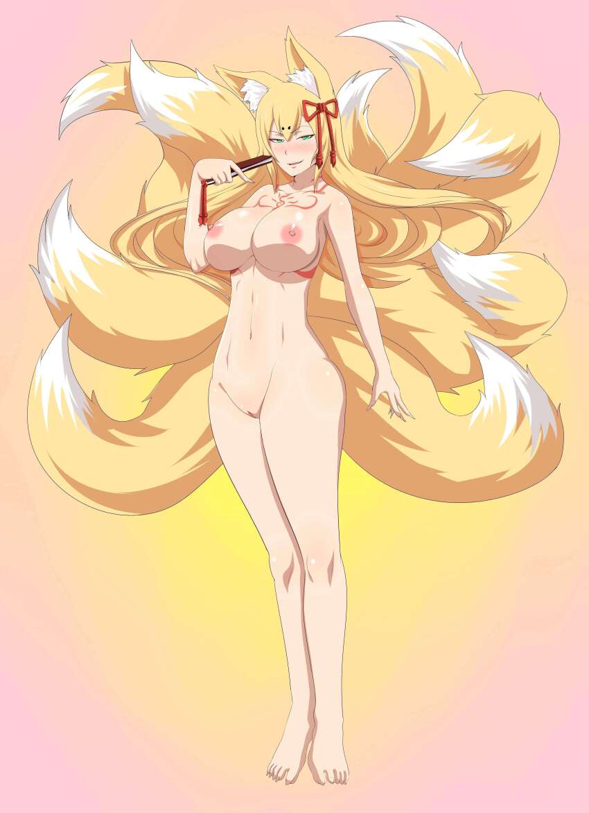1girl absurdres animal_ears breasts ed-jim edjim fox_ears fox_tail green_eyes highres large_breasts mon-musu_quest! nine_tails smirk tail tamamo_(mon-musu_quest!) tattoo