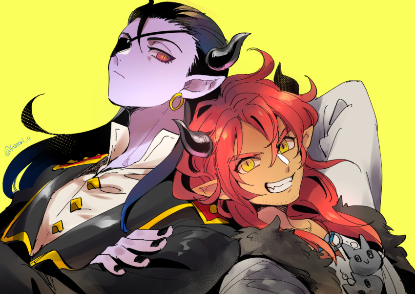 2boys arm_behind_head black_coat black_hair black_horns black_nails coat colored_skin commentary_request crossed_arms dark-skinned_male dark_skin demon_boy dragon_quest dragon_quest_x earrings eyepatch facial_hair fang fur_vest gold_earrings grin hair_slicked_back hoop_earrings horns jewelry katori_(katokichi) long_hair looking_at_another looking_at_viewer male_focus messy_hair multicolored_eyes multiple_boys najinn_(dragon_quest) necklace pointy_ears purple_skin red_eyes red_hair slit_pupils smile stubble tan upper_body yellow_background yellow_eyes yushuka_(dragon_quest)