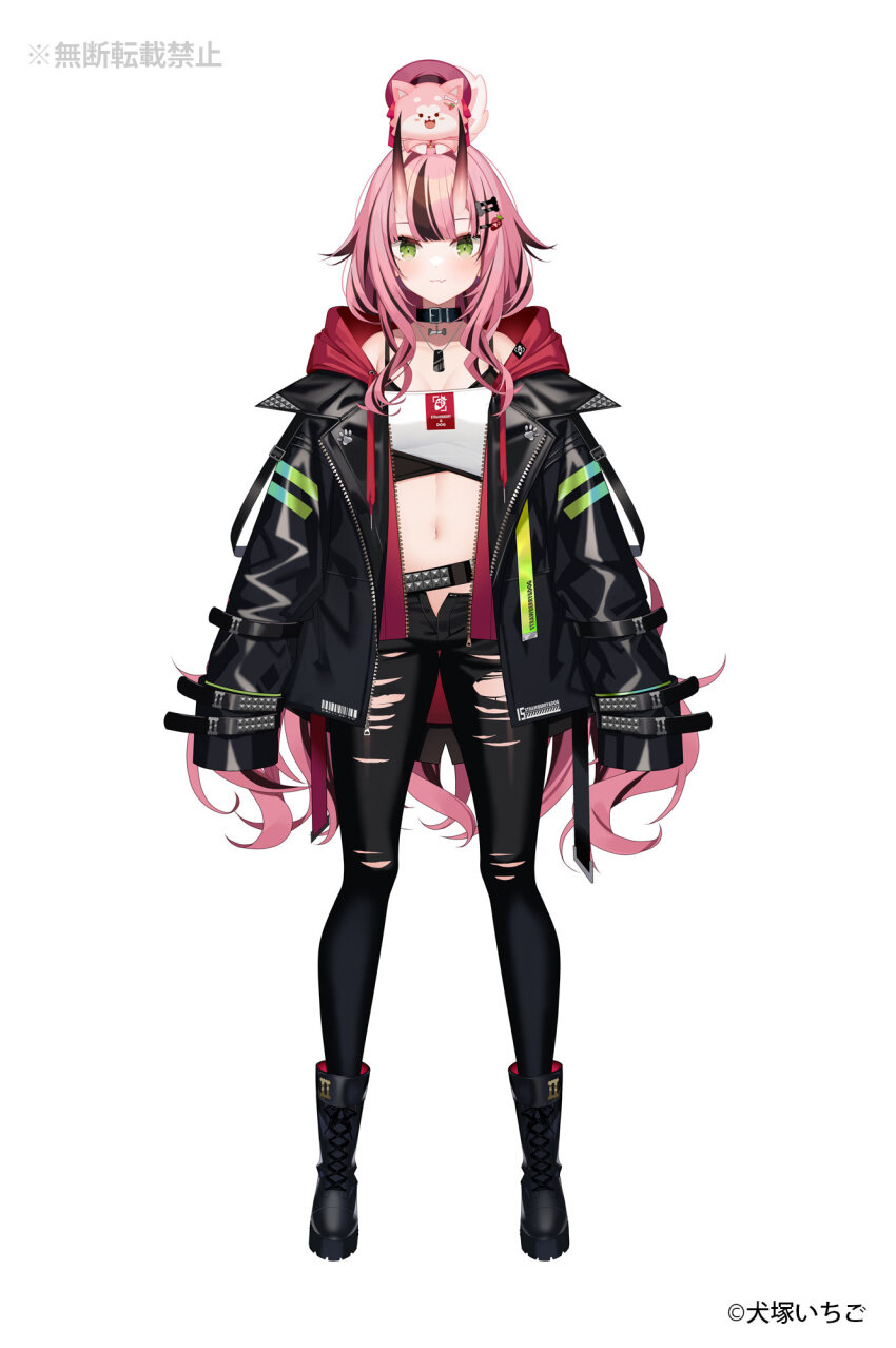 1girl animal animal_on_head bandeau bare_shoulders black_boots black_collar black_hair black_jacket black_pants boots closed_mouth collar copyright_notice dog food-themed_hair_ornament green_eyes hair_ornament highres horns indie_virtual_youtuber inuzuka_ichigo inuzuka_ichigo_(oni) ishihara_(kuniyoshi) jacket long_hair midriff multicolored_hair navel official_art on_head oni open_clothes open_jacket pants pink_hair skin-covered_horns strawberry_hair_ornament torn_clothes torn_pants very_long_hair virtual_youtuber white_background