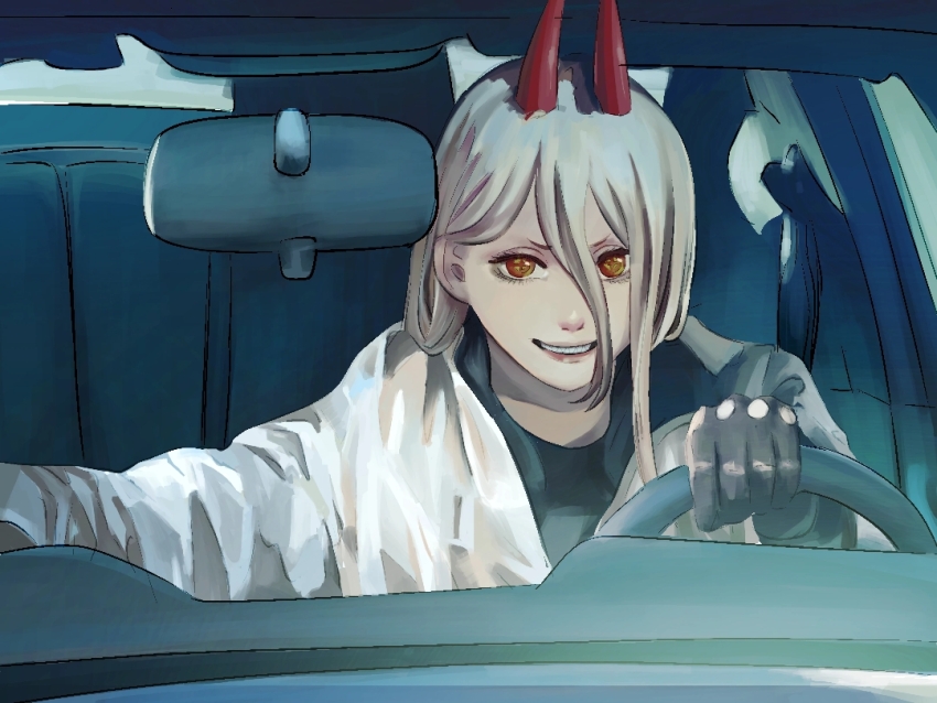 1girl black_shirt blonde_hair brown_gloves car chainsaw_man cosplay cross-shaped_pupils demon_girl demon_horns drive_(movie) driver_(drive) driver_(drive)_(cosplay) driving gloves horns jacket long_hair motor_vehicle orange_eyes power_(chainsaw_man) red_horns shirt solo steering_wheel symbol-shaped_pupils white_jacket yao_liao_wang