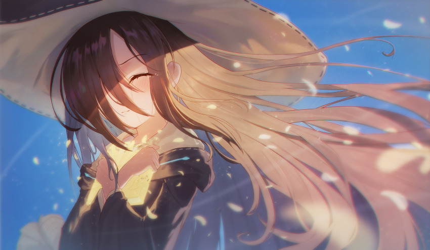 1girl black_hair blue_background blush book covered_eyes flowingcrescent hair_over_one_eye hat heaven_burns_red highres long_hair long_sleeves one_eye_covered solo tenne_miko very_long_hair witch_hat