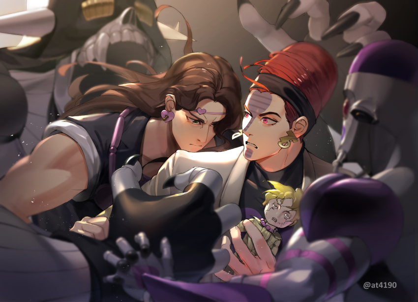 2boys atum_(stand) black_sweater brown_eyes brown_hair closed_mouth coat cream_(stand) earrings green_eyes highres jewelry jojo_no_kimyou_na_bouken long_hair long_sleeves multiple_boys parted_lips sleeveless sleeveless_jacket stardust_crusaders sweater teeth terence_t._d&#039;arby turtleneck turtleneck_sweater vanilla_ice white_coat zouhyou_(at4190)